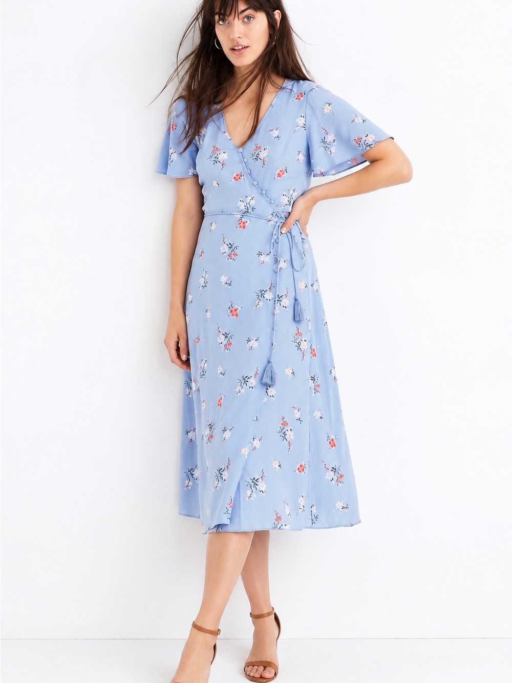 Madewell Button Wrap Midi Dress Size 6 Blue Floral Flutter Sleeve Tassel Tie